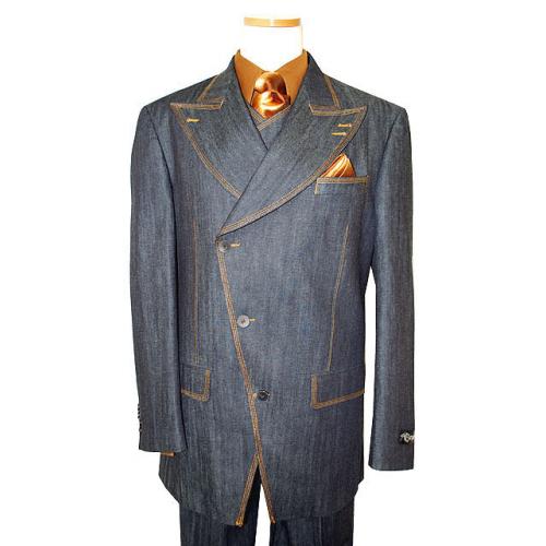 Il Canto Black With Triple Cognac Hand-Pick Stitching Vested 100% Cotton Denim Suit 8303